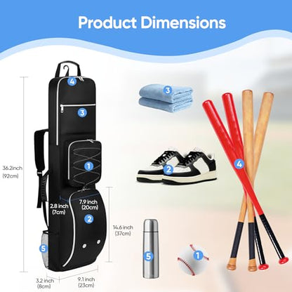 Baseball Bat Bag Backpack for 3-4 Baseball Bats with Multi-pocket and Separate Shoe Compartment, Soft Bat Bag with Fence Hook and Adjustable Shoulder Strap, Suit for Baseball, Softball, T-ball Bat