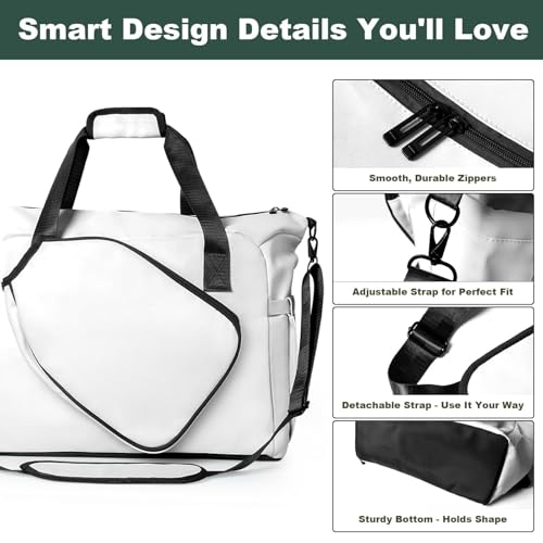 Pickleball Tote Bag with Shoe Compartment and Paddle Storage – Large Capacity Lightweight Pickleball Bag for Women & Men with Water Bottle Holder (White)