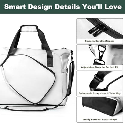 Pickleball Tote Bag with Shoe Compartment and Paddle Storage – Large Capacity Lightweight Pickleball Bag for Women & Men with Water Bottle Holder (White)