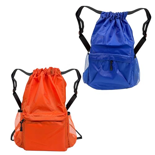 Drawstring Backpack 2 Pack, Water-Resistant Gym Bag with Water Bottle Pocket for Soccer Basketball, Sports, Lightweight Sports Backpack for Men Women (Orange+Blue)