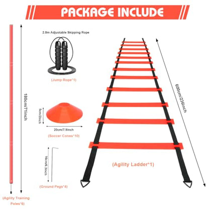 Agility Training Poles Equipment Soccer Training Equipment Includes 6 Agility Poles,Agility Ladder, 10 Soccer Cones,Jump Rope for Speed Training, Soccer Training, Basketball Athletes & Kids - color: Orange