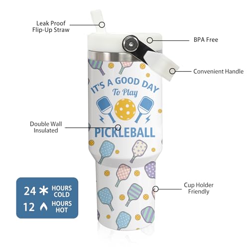 30 oz Tumbler with Handle Flip Straw Leak Proof - Pickleball Mug 30oz Tumbler Travel Coffee Mug with Handle - Birthday Gifts for Women Men Pickleball Lovers Players 30 Ounce Stainless Steel Cup - color: Pickleball White