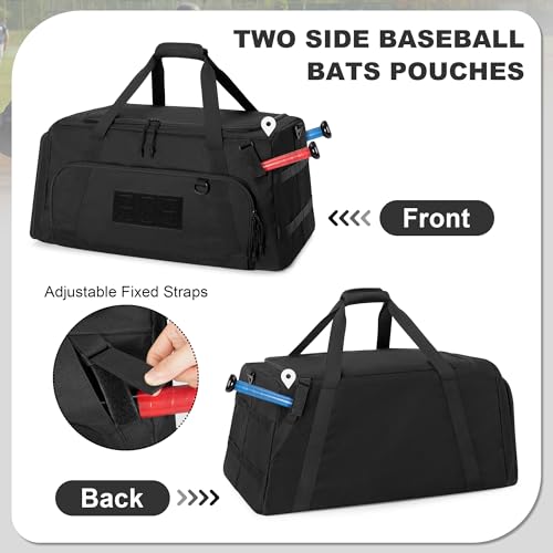 GOBUROS Tactical Baseball Duffle Bag with 2 Bat Holder, Catchers Gear Bag for Softball Equipment, Travel Baseball Bags with Shoe Compartment for Gym Sports