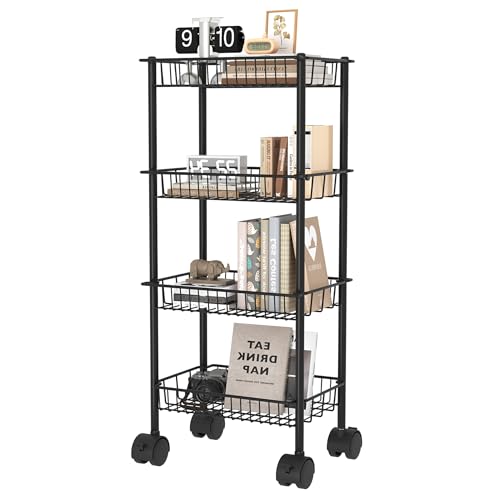 AWTATOS 4-Tier Rolling Cart, Storage Cart with Removable Baskets, Metal Utility Cart with Wheels, for Kitchen, Bathroom, Office, Laundry Room, Black (Patent)