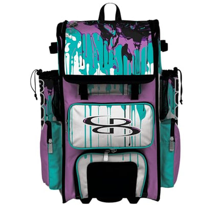 Boombah Superpack Hybrid Rolling Bat Bag - Wheeled & Backpack Version - Graffiti Drip - Multiple Color Options - color: Bright Purple/Turquoise/Black