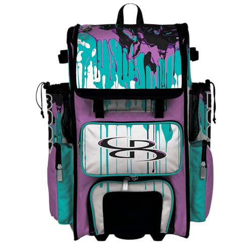 Boombah Superpack Hybrid Rolling Bat Bag - Wheeled & Backpack Version - Graffiti Drip - Multiple Color Options - color: Bright Purple/Turquoise/Black