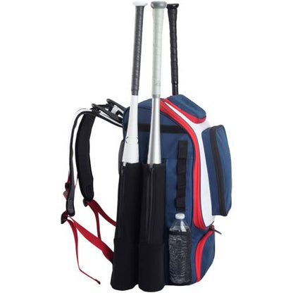 Tournament Backpack Baseball Bag, Large Capacity Bat Holder, Softball Bag with Shoe Compartment and Fence Hook, Red/White/Blue