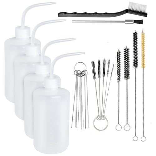 25 Pcs Spray Gun Cleaning Kit, 4 Pcs 500ML Bottle and 21 Pcs Spray Paint Gun Cleaning Brushes, Plastic Squeeze Wash Bottle, Airbrush Clean Set for Spray Guns Suction Gravity Pressure Feed