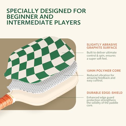 Pickleball Paddles Set of 2/4- USAPA Approved Graphite/Fiberglass Pickleball Racket, 2 Pickleball Rackets, 4 Balls and 1 Portable Carry Bag, Aesthetic Pickle Ball Set for Men Women Beginners - color: 4 Wave Check | Dark Green | Graphite
