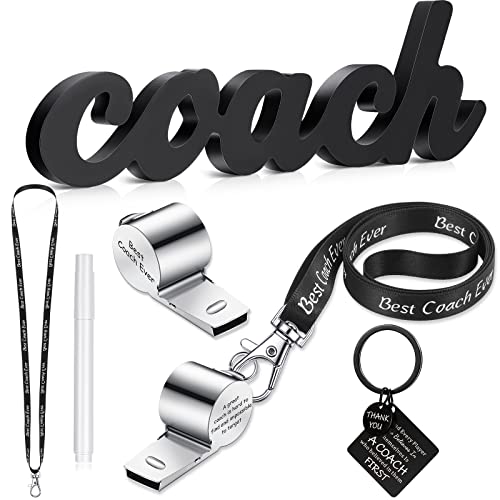 Sratte 5 Pcs Thank You Gift for Coach Include Black Wood Word Sign, Whistles for Coach, Football Basketball Soccer Gifts - size: 11x3.5x0.59 Inch