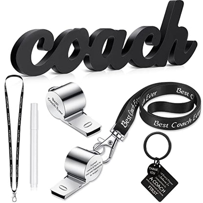 Sratte 5 Pcs Thank You Gift for Coach Include Black Wood Word Sign, Whistles for Coach, Football Basketball Soccer Gifts - size: 11x3.5x0.59 Inch