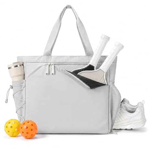 Pickleball Bag for Women Men, Large Pickleball Tote Holds 2-4 Rackets, Pickleball Bags with Shoe Compartment & Water Bottle Pocket, Pickleball Gifts, Water-Resistant & Lightweight - color: Grey