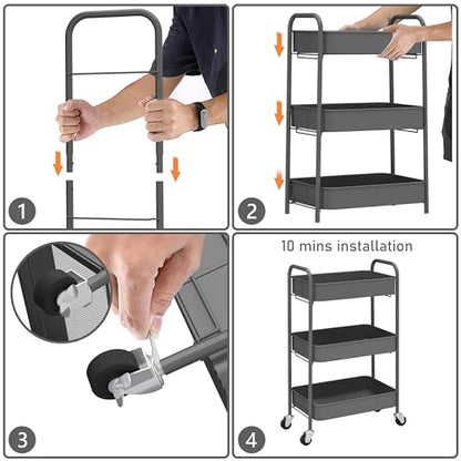 CAXXA 3-Tier Rolling Metal Storage Organizer - Mobile Utility Cart with Caster Wheels, Gray - color: Gray