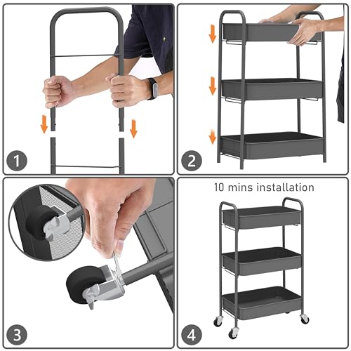 CAXXA 3-Tier Rolling Metal Storage Organizer - Mobile Utility Cart with Caster Wheels, Gray - color: Gray