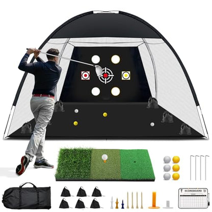 Golf Net, 10x7 Ft Practice Hitting Golf Net with Tri-Turf Mat, Ball, Tee, and Carring Bag, All-in-One Multi-Target Training Aid for Outdoor/Indoor Chipping & Driving, Ideal Gift for Men/Enthusiasts