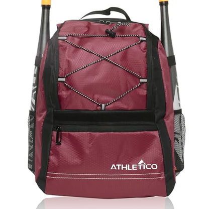Athletico Youth Baseball Bag - Bat Backpack for Baseball, T-Ball & Softball Equipment & Gear | Holds Bat, Helmet, Glove | Fence Hook - color: Maroon