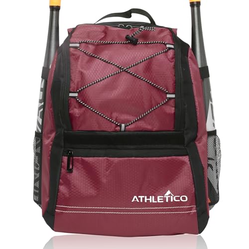 Athletico Youth Baseball Bag - Bat Backpack for Baseball, T-Ball & Softball Equipment & Gear | Holds Bat, Helmet, Glove | Fence Hook - color: Maroon