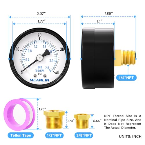 0-40Psi 2" DIAL FACE 1/4" NPT Well Pump Pressure Gauge, with 1/2" NPT and 3/8" NPT Hex Bushing, 3-2-3% Accuracy, Center Back Mount - size: 0-40Psi, style: 1/4"NPT Back Mount