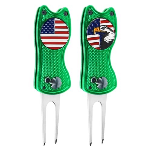 FINGER TEN Golf Divot Repair Tool and Ball Marker Switchblade Value Pack, Foldable Magnetic Stainless Steel with Pop-up Button for Men Women - color: 2 in Green+2 Ball Marker