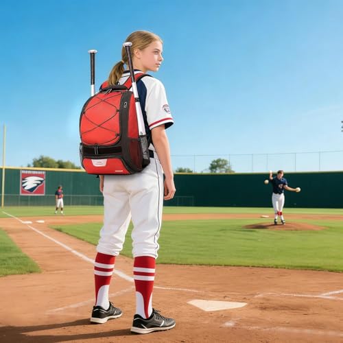 DAFISKY Baseball Bag Softball Backpack - Youth Adult T Ball Bat Equipment Bag with Bat Helmet Holders, Shoe Compartment - color: Red