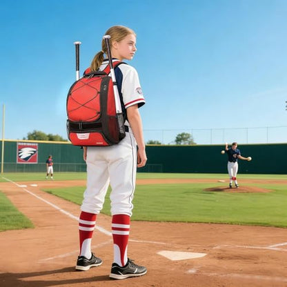 DAFISKY Baseball Bag Softball Backpack - Youth Adult T Ball Bat Equipment Bag with Bat Helmet Holders, Shoe Compartment - color: Red