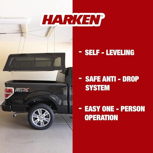 HARKEN - Truck Cap Overhead Garage Storage Hoist, Self-Leveling, Safe Anti-Drop System, Easy One-Person Operation, Smart Garage Organization - 7806 - size: 10 ft Ceiling, 200 lb Max
