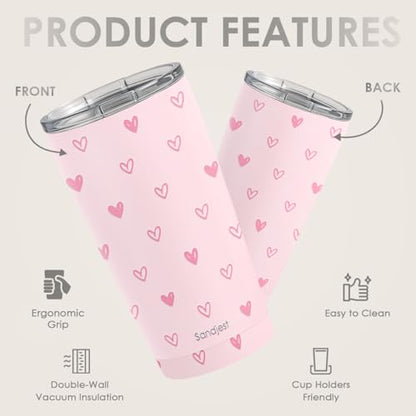 SANDJEST Heart Tumbler 20oz, Stainless Steel Travel Cup with Lid, Insulated Coffee Mug, Heart Gifts for Women Girls Friends Sisters on Birthday Christmas Valentine (Pink) - color: Heart 1