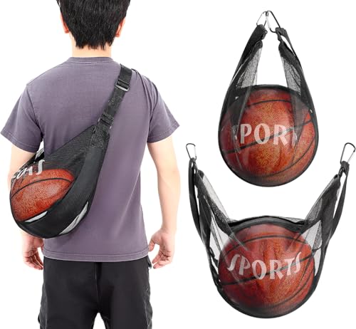 Soulchen 3 pcs Single Ball Bag with Zipper Pocket Mesh Ball Storage Bag with Buckle Clip Sport Equipment Drawstring Sling Storage Net for Carrying Basketball Soccer Football Volleyball