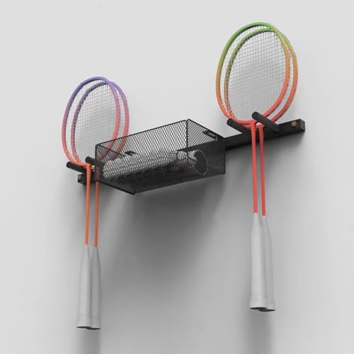 2-in-1 Wall-Mounted Ball & Racket Holder, Metal Sports Equipment Organizer for Boys' Bedroom, Studio, Garage - Badminton & Ping Pong Paddle Display Stand