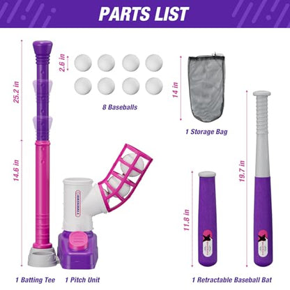 HYES Tball Set for Toddlers 3-5, Tee Ball Set with Step on Pitching Machine/Adjustable Batting Tee/Retractable Baseball Bat/8 Pop Up Balls, Outdoor Sport Toy Games for Kids Girls