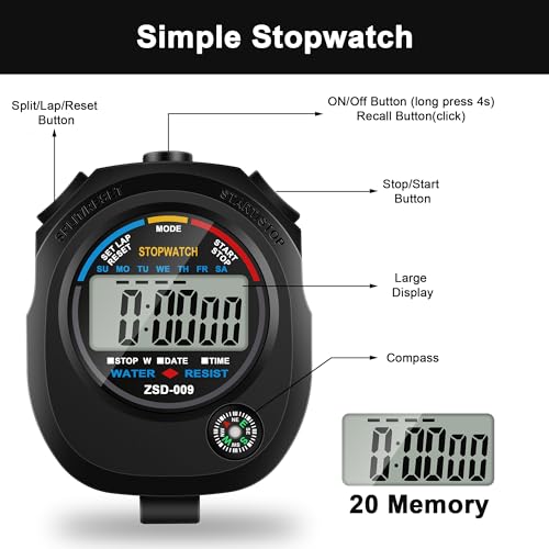 2 Pack Digital Stop watch Timer with 2 Whistle Set | Water resistant Stopwatch with Large Display Date, Time & Alarm | Sports Stopwatch for Swimming, Running and Fitness | Perfect for Coaches | Black