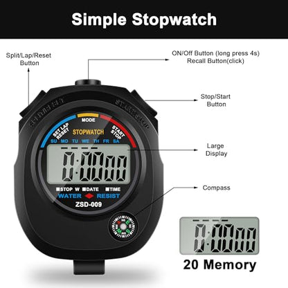 2 Pack Digital Stop watch Timer with 2 Whistle Set | Water resistant Stopwatch with Large Display Date, Time & Alarm | Sports Stopwatch for Swimming, Running and Fitness | Perfect for Coaches | Black