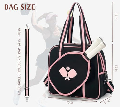 Pickleball Sports Tote Bag with Racket Holder, Neoprene, Adjustable Shoulder Strap - color: Black/Pink