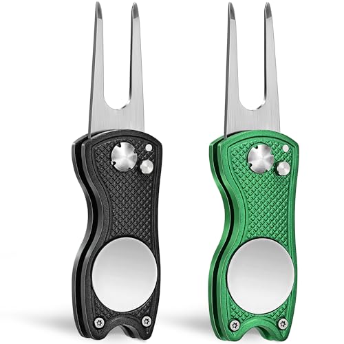 Mile High Life Golf Divot Repair Tool, All Metal Foldable Divot Tool with Pop-up Button & Magnetic Ball Marker, 2-6 Pack - color: 2 Pack (Black/Green)