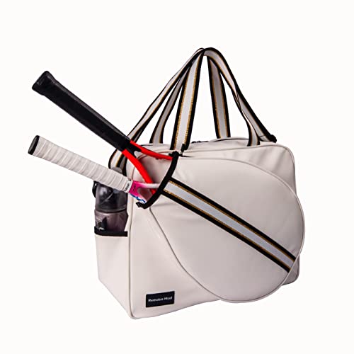 Remobia Hicol White PU Leather Women Large Sports Handbag Tennis Racket Shoulder Bag Tennis Tote Bag for 2 Rackets, with Water Bottle Holder
