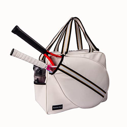 Remobia Hicol White PU Leather Women Large Sports Handbag Tennis Racket Shoulder Bag Tennis Tote Bag for 2 Rackets, with Water Bottle Holder