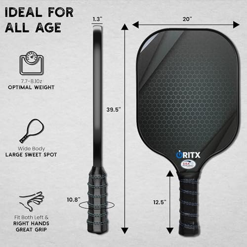 Pickleball Paddle Set | 2 Lightweight Pickleball Rackets w/Fiberglass Surface & 5-Inch Non-Slip Handle, 4 Balls, 1 Carry Bag | USAPA Approved Set for Men & Women - color: Black