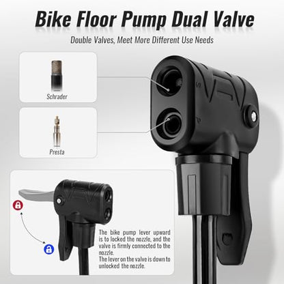 NUWAB Mini Bike Pump, 10 Inch Portable Hand Bicycle Pump, 100PSI, Support Shrader and Presta, Fast Air Out Ball Pump, Work with All Bikes and Balls, Swimming Ring, Come with Ball Needles, Nozzles