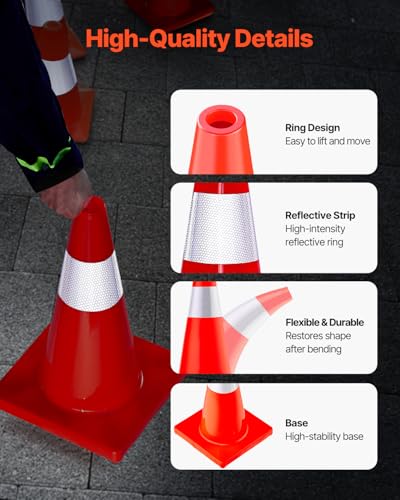 VEVOR 12Pack 18" Traffic Cones, Safety Road Parking Cones PVC Base, Orange Traffic Cone with Reflective Collars, Hazard Construction Cones for Home Traffic Parking - size: 18"(12Cones)