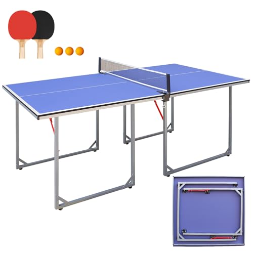 4.5/6ft/9ft Mid-Size Portable Ping Pong Tables Set, Foldable Table Tennis Table with Net,2 Paddles & 3 Balls, Multi-Use Free Standing Ping Pong Table for Indoor/Outdoor