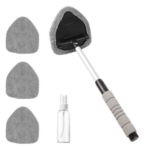 wuyaoyao Car Windshield Cleaning Tool, Car Windshield Window Cleaner, Auto Window Glass Cleaning Kit with Extendable Handle & Reusable Microfiber Pad & Spray Bottle, Universal Car Accessories (Gray)
