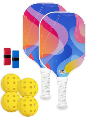 Pickleball Paddles Set of 2 with 4 Balls - USAPA Approved Fiberglass Surface, Lightweight, Non-Slip Grip - Premium Paddle Set for All Skill Levels Indoor & Outdoor - color: Sky Blue