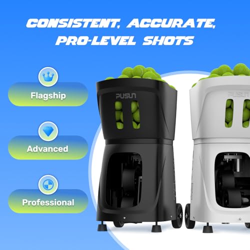PUSUN｜PT-Smart Pro Internal Oscillation Tennis Ball Machine: App with 12 Built-in Training Modes, 28-Pt Custom Drills,75MPH, 5H,32.6lb Portable for Tennis & Padel,Training, Practice,Beginners to Pros - color: White