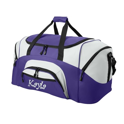 Personalized Large Duffel Bag, Football, Soccer, Basketball, Baseball Duffle Bag, Athlete Gift, Sport Bag, Embroidered Name, Purple/Grey - color: Purple/Grey