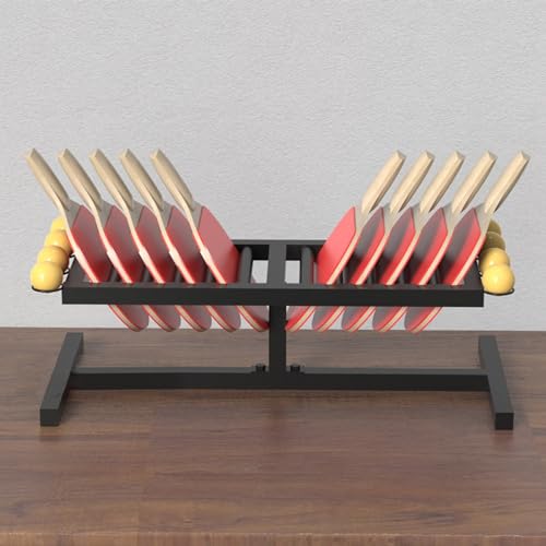 Sports Ball Organizer Holder Shelf Desktop Table Tennis Racket Holder with 8 Round Balls Rack, Black Metal Organiser for Home/Office/Club/Gym, Space Saving - Hold 10 Ping Pong Balls Racquets