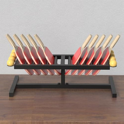 Sports Ball Organizer Holder Shelf Desktop Table Tennis Racket Holder with 8 Round Balls Rack, Black Metal Organiser for Home/Office/Club/Gym, Space Saving - Hold 10 Ping Pong Balls Racquets