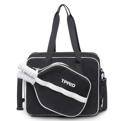 TPAID Pickleball Bag for Women Men, Paddle Tote with Shoes Compartment & Wet Pocket, Multi-Functional Court Bag for 2 Rackets, Balls, Accessories, Gift for Players - color: Black