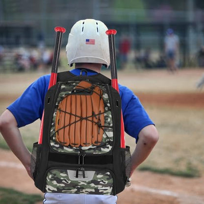 Goloni | Baseball Backpack,Baseball Bag for Adult,Softball Bat Bag with Shoes Compartment,Large Main Compartment for Helmet & accessories, Fence Hook - color: Green camo