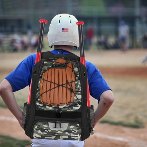Goloni | Baseball Backpack,Baseball Bag for Adult,Softball Bat Bag with Shoes Compartment,Large Main Compartment for Helmet & accessories, Fence Hook - color: Green camo