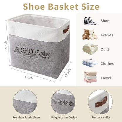 Shoe Basket Organizer, Large Capacity Fabric Entryway Shoe Storage Bin with Handle, Flodable Space-Saving Shoe Basket for Entryway, Hallway, Entryway and Mudroom - color: Gray, style: Leather Buckle